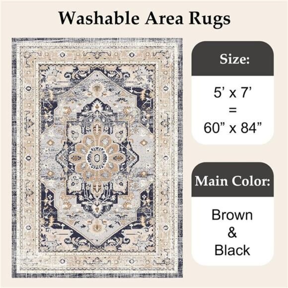 LIVING Machine Washable Rug 5'x7' Vintage Design Washable Area Rugs - Picture 5 of 12